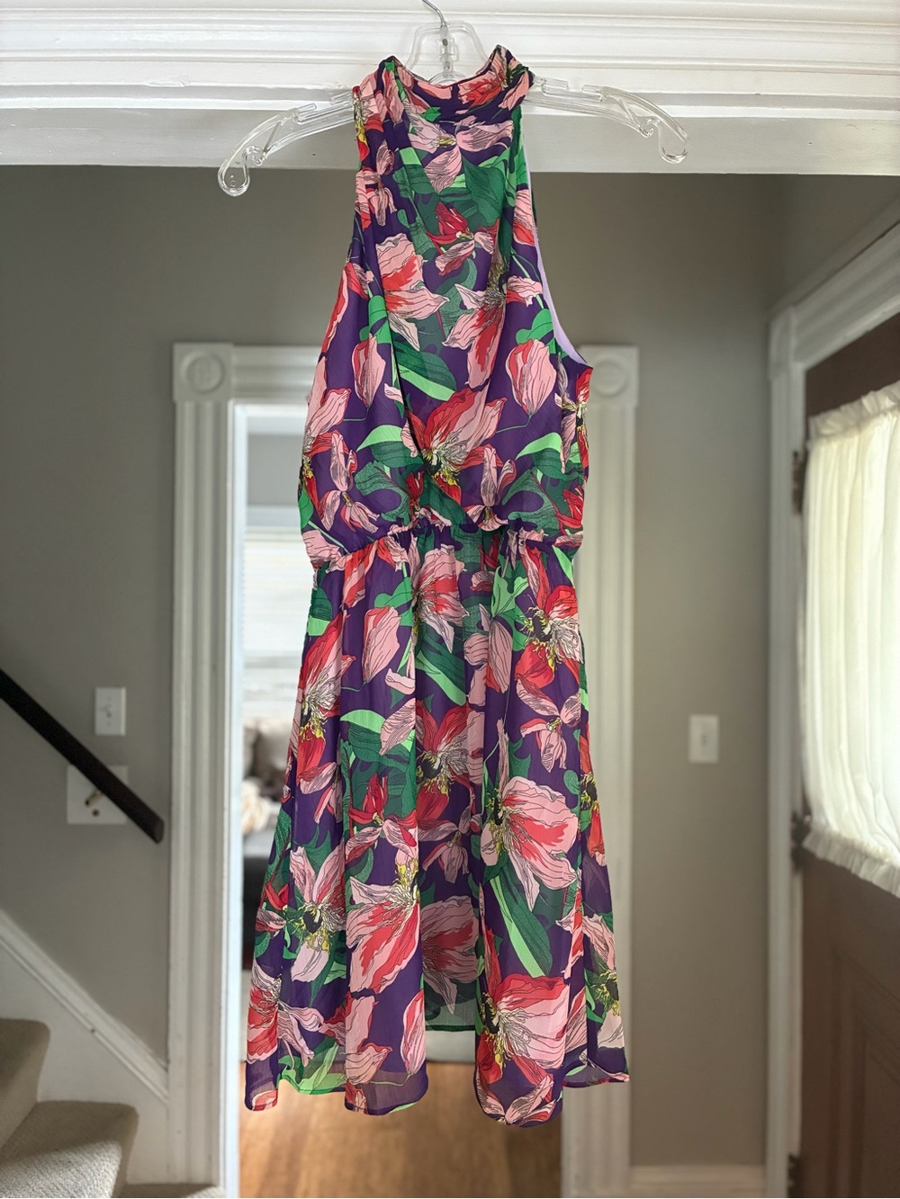Express Purple Floral Halter Mini Dress with Pink & Green Print